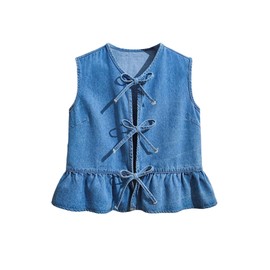 SweatyRocks Girl's Sleeveless Denim Top Tie Front Ruffle Jean Vest Blue 8Y