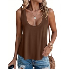 Tankaneo Womens Scoop Neck Tank Tops Summer Casual Sleeveless Loose Fit T Shirts Beach Vacation Workout Basic Tees Coffee