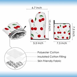 Samgula Red Cherry Oven Mitts and Pot Holders Sets Fruit Sweet Cartoon Heat Resistant 3pcs for Cooking Baking BBQ