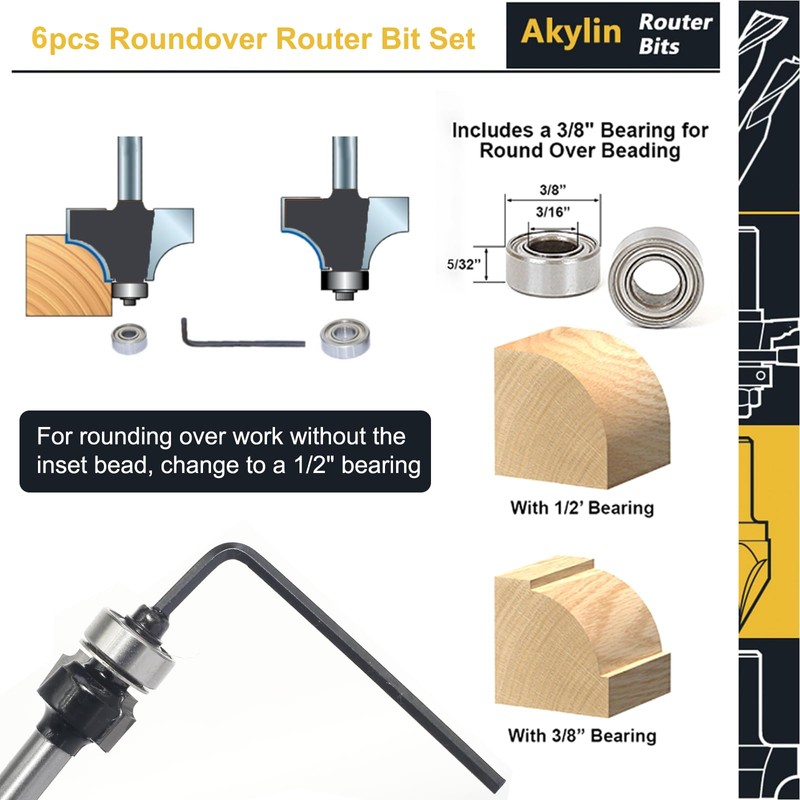 6PCS Roundover Router Bit Set , 1/4 inch Shank，Corner Rounding