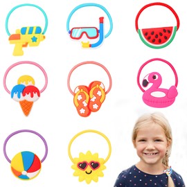 Threetols 16PCS Summer Elastic Hair Ties for Girls, Colorful Hair Ropes Cute Hair Accessories Women Cartoon Tropic Flamingo Watermelon Ice Cream Hair Rope Soft Ponytail Holders for Kids Teens