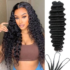 Ssawhair Deep Wave Crochet Human Hair Knotless Pre-Separated Deep Curly Human Hair With String Pre-Looped Reusable Feather Crochet Hair Extensions 18Inch 60g 50Strands