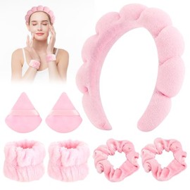 TXG Diademas para Cabello Mujer, Juego de 7 Diadezmas y Muñequeras de Spa, Muñequeras Skincare para Ducharse, Diadema de Maquillaje, Lavarse, Desmaquillaje (Rosa, Estándar)