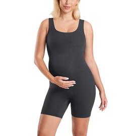 MOMANDA Women' s Maternity Bodysuit Sleeveless Shorts Jumpsuit Square Neck Tank Top for Pregnancy Mysterious Grey 18