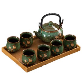 KEYDUACU Japanese Tea Set, Kiln-Formed Ceramic Tea Set, Plum Blossom Embossed, Includes 1 Teapot, 6 Teacups,Tea Tray,Strainer, Used for home, outdoor, gift, Chinese Kung Fu Tea Set(FDMH-GREEN)