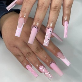 Mkwntg Pink Press on Nails Long Square Fake Nails Cute Pink French Tip Full Cover Coffin False Nails Glossy Long Ballerina Glue on Nails with Rhinestones Designs for Women Acrylic Nails Decor 24Pcs