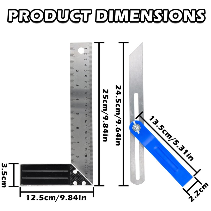 Aomhrek Multi-Function Square Set, 10"/250mm Angle Measurement Tool, T Square,