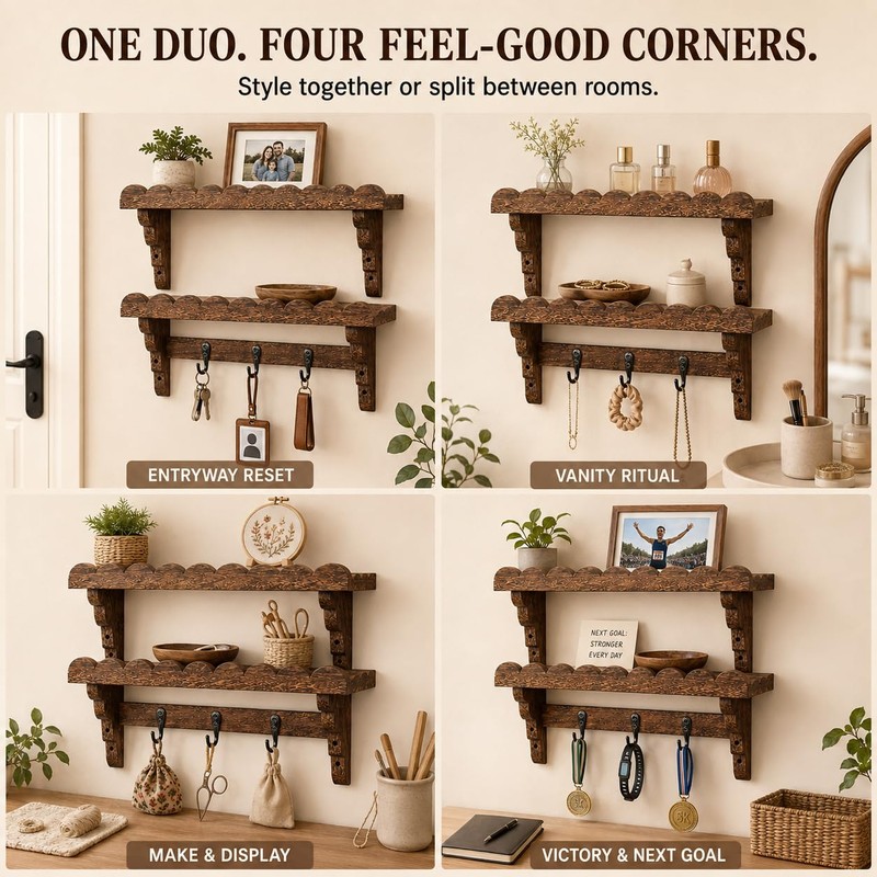 17-Inch Scalloped Rustic Wall Shelves Set of 2, Shelves for