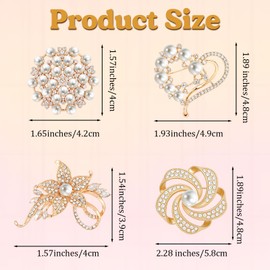 YBEATY 4 PCS Heart Pearl Brooch Set Crystal Bling Elegant Imitation Large Pearl Floral Crystal Pins Metal Flower Shawl Clip Buckle Decoration Accessories Sweater Shawl Clips for Women Wedding Bouquet