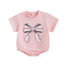Newborn Baseball Outfit Baby Girl Baseball Bow Embroidery Bubble Romper Short Sleeve One Piece Sweater Bodysuit (Pink, 0-3 Months)