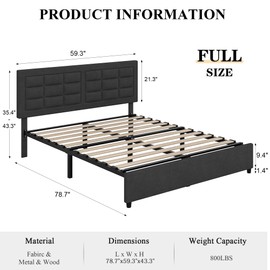 VECELO Full Bed Frame with Charging Station, USB Port & Type C, Heavy-Duty Upholstered Platform with Strong Wood Slats Support, NO Box Spring Needed, Linen Fabric & Grey