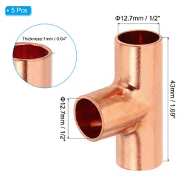 PATIKIL 1/2" ID 1mm Thick Tee Copper Fitting, 3pcs 99.9% 3 Way Pure Copper Pipe Fitting Tube Connector with Sweat Solder Connection for Plumbing HVAC Refrigeration System