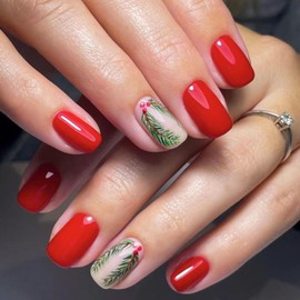 24Pcs Christmas Press on Nails Short Red Square Fake Nails Acrylic False Nails with Christmas tree branches Design Matte Full Cover Artificial Glue on Nails Winter Nail Decorations for Women Girls