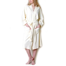 Women’s 100% Organic Cotton Spa Bath Robe Kimono, Super Soft Lightweight Non-Toxic Eco-Friendly (L/XL, Ivory)