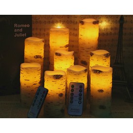 antizer Flameless Candles Birch Bark Effect Battery Operated Candles 4" 5" 6" 7" 8" 9" Set of 9 Real Wax Pillar LED Candles Each Candle 2.2" Diameter with 10-Key Remote Control 2/4/6/8 Hours Timer