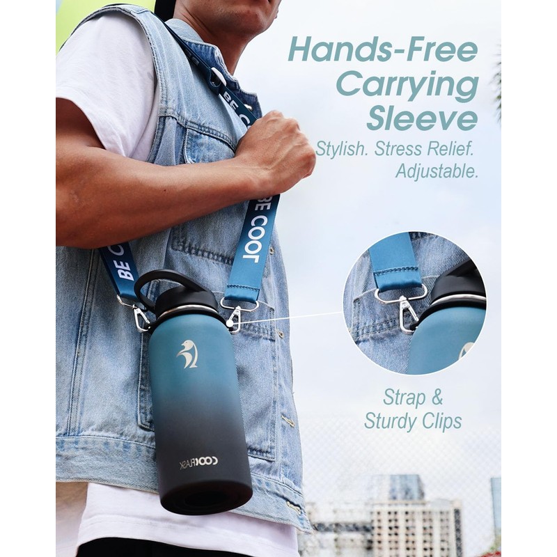 Coolflask Insulated Water Bottle with Strap, 32 oz Metal Water