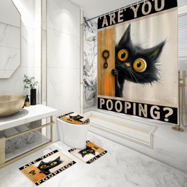 FADALO 4PCS Black Cat Shower Curtain Sets,Orange are You Pooping Sign Cat Bathroom Sets with Non-Slip Rugs,Toilet Lid Cover,Bath Mat,Shower Curtain with 12 Hooks Funny Aniaml Bathroom Sets Decor