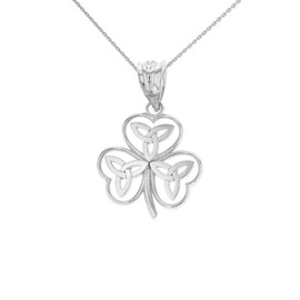 Claddagh Gold Fine .925 Sterling Silver Irish Shamrock Pendant Necklace with Celtic Trinity Knot (16")
