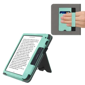 kwmobile Case Compatible with Kobo Libra 2 Case - Flip Case with Hand Strap - Faux Leather Cover - Mint Green Dark Grey