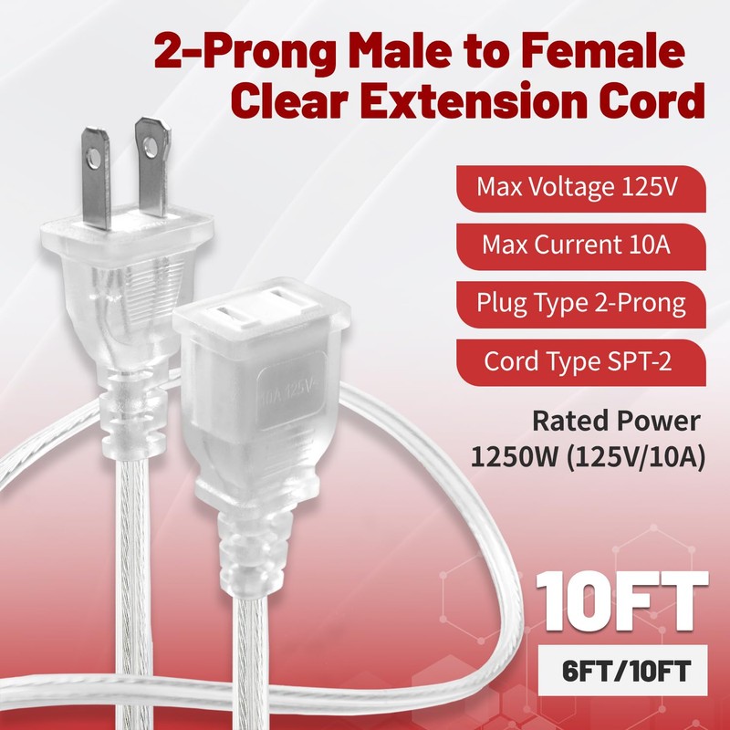 [TaidaLink] 10ft Clear Extension Cord 125V 10A 1250W Slim Design,