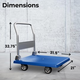 Restaurantware RW Clean 31.5 x 20.9 x 32.7 Inch Platform Cart 1 Small Flat Hand Cart - 660-Pound Capacity Foldable Handle Blue Plastic Flatbed Dolly Cart Heavy-Duty For Warehouses or Homes