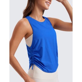 CRZ YOGA Pima Cotton Women Racerback Sleeveless Workout Tops Crew Neck Ruched Side Tanks Athletic Casual Loose Shirts Strong Blue Small