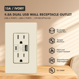 USB C Wall Outlet Receptacle, 4.8A USB Type C + A, High Speed Charging for Smart Devices,1 USB C, 1 USB A Charging Ports, 15 Amp Duplex Receptacle Tamper-Resistant w/Wall Plate (1, Ivory)