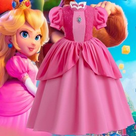 Peach Princess Dress, Peach Princess Dress,Viene con corona, guantes y varita. apto para niñas de 3 a 12 años para disfrazarse en fiestas de cumpleaños, Halloween, Navidad, fiestas cosplay (140-150cm)