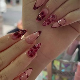 CEWEWP Wine Red Flower Press on Nails Medium Dark Red Full Cover Fake Nails Wine Red French Tip Glue on Nails with Design Glossy Stick on Nails Acrylic Nail Almond False Nails for Women Manicure 24Pcs