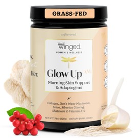 Winged Wellness Glow Up AM, Collagen Powder for Women - Morning Beauty Supplement for Glowing Skin with Grass-Fed Hydrolyzed Collagen Peptides, Lion's Mane & Maca Root - 21 Servings, Unflavored