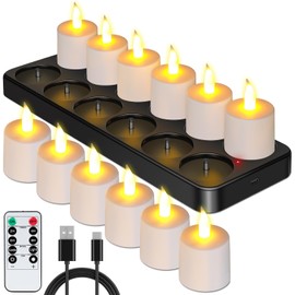 Esup Rechargeable Tea Lights Candles 12pcs Flameless Flickering Candles with Remote Control Timer & Charging Base, Decoration Parties, Weddings, Bar, Family, Dinner Outdoor Picnic