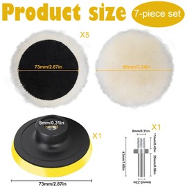 Gzcnsel 7PCS 3 Inch Wool Polishing Buffing Pad Kit, Car Buffer Polisher Pads with M10 Drill Adapter for Car Detailing, Waxing, and Polishing - Compatible with Drill Buffer Attachment