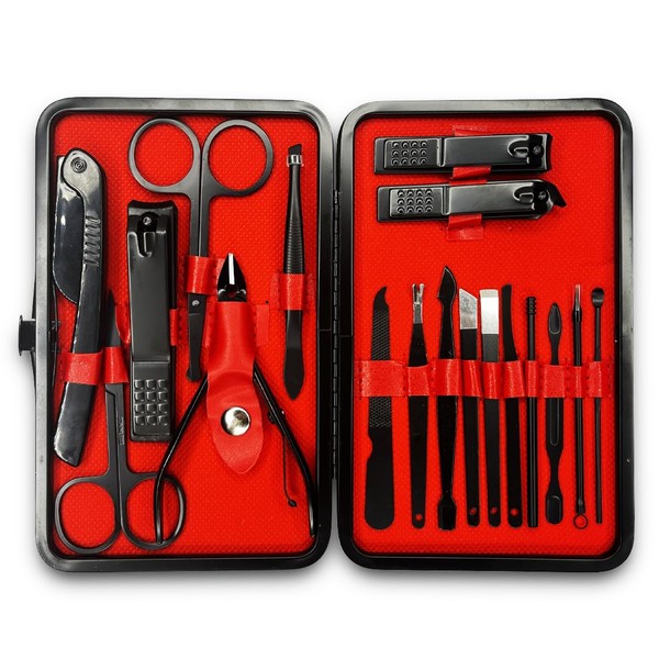 Hairprice 18 Piece Black and Red Stainless Steel Manicure Pedicure