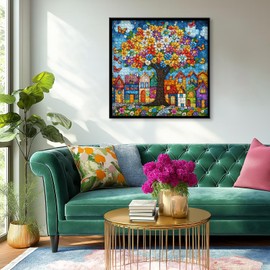 PICKFORU Stained Glass Tree of Life Puzzles for Adults 1000 Pieces, Colorful Village Puzzle with Houses Flowers Trees Butterfly, Nature Impossible Hard Challenge Jigsaw Puzzle