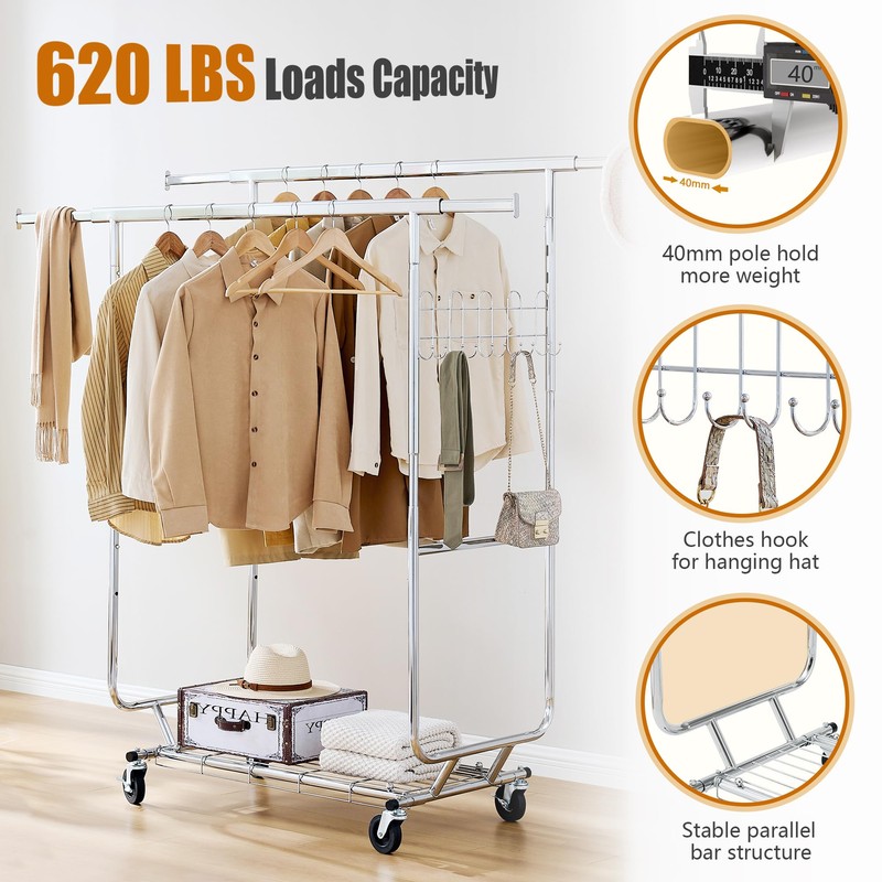 Heavy Duty Clothes Rack Load 620 Lbs, Double Rod Rolling