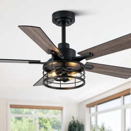 Oaks Aura 46" Farmhouse Caged Ceiling Fan with Light and Remote, Reversible DC Motor, Double Finish Wood Blades, Rustic Retro Chandelier Ceilng Fan with Light for Living Room Dining Room Bedroom