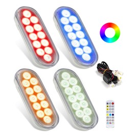 Partsam 4Pcs 6 Inch RGB Oval LED Trailer Light Kit Stop Turn Tail Brake Running Lights, Clear Lens 12 LEDs with Wire Harness Remote and APP Control, for Flatbed Truck RV, 10-30V