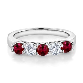 Gem Stone King 925 Sterling Silver Red Created Ruby and White Moissanite 5-Stone Wedding Anniversary Band Ring For Women (1.07 Cttw, Gemstone July Birthstone, Available In Size 5, 6, 7, 8, 9)
