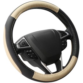 SEG Direct Car Steering Wheel Cover for F-150 Tundra Range Rover 15.5-16 inch, Black and Beige Microfiber Leather