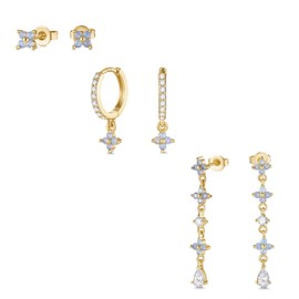 MACACHII 3 Pairs of Earrings 925 Silver Set for Women 14 Carat Gold-Plated Hanging Stackable Hoop Earrings Hypoallergenic Jewellery Huggie Helix Tragus for Multiple Piercings Ear