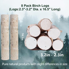 8 Pack Birch Logs for Fireplace Decor Crafts Versatile Unfinished Wood Gas Fireplace Logs: 2.3"-3.2" Dia. x 16.5" Long