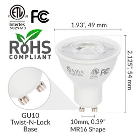 Simba Lighting LED GU10 7W ETL Listed Dimmable Spot Light Bulb (6 Pack) Halogen 70W Replacement MR16 Shape for Accent, Track Lighting, 38° Beam Angle, 120V, Twist-N-Lock Bipin Base, 2700K Warm White