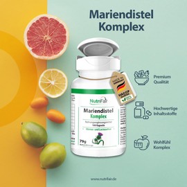 Mariendistel Komplex - 3-fach-Komplex mit Mariendistel, Artischocke & Löwenzahn - Leberfunktion & Fettstoffwechsel - 250 mg Silymarin pro Tag - 100 Kapseln - Hochdosiert - 100% Vegan – NutriFair