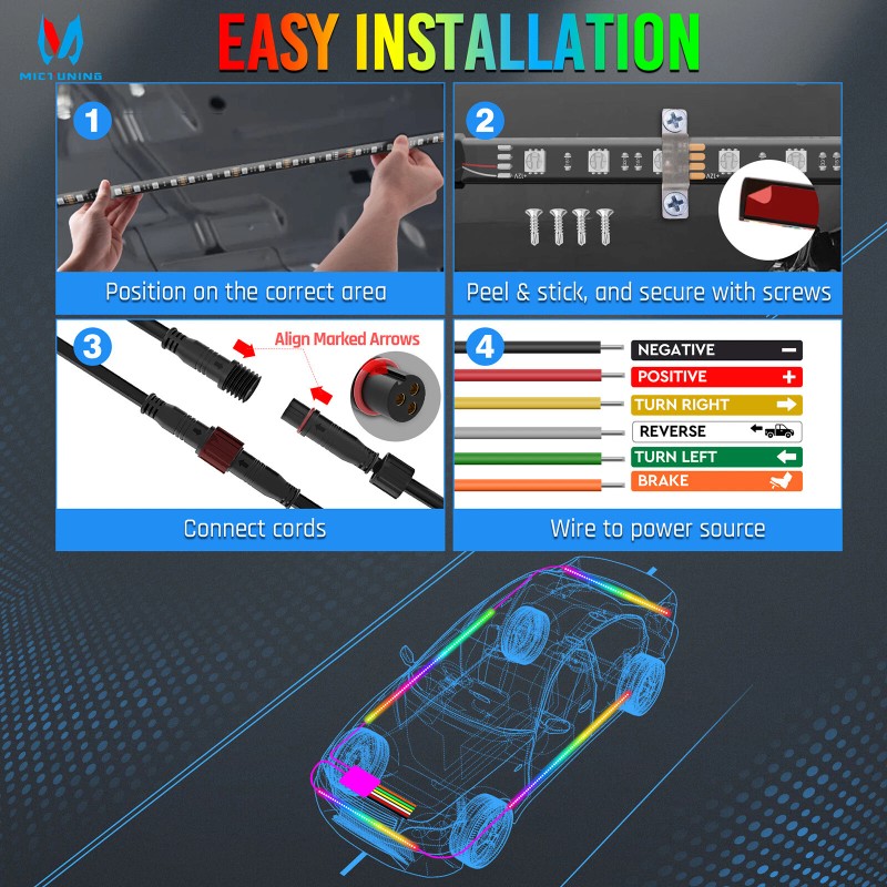 MICTUNING 4Pcs RGB+IC LED Strips Car Underglow Underbody System Neon