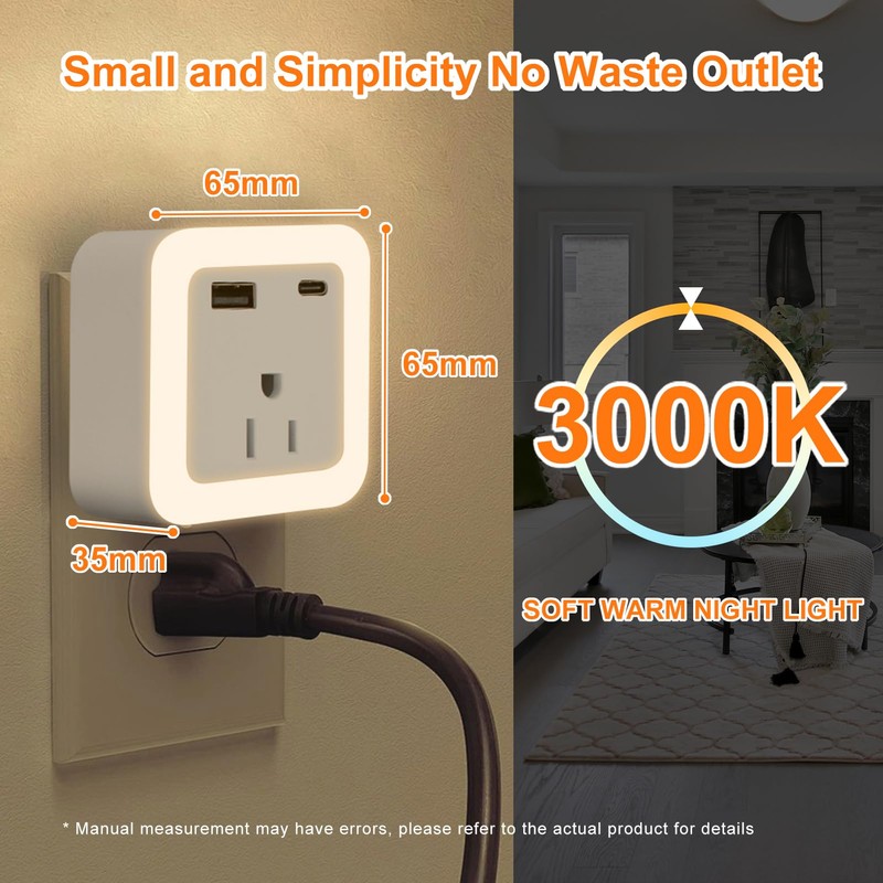 JackonLux Night Lights Plug Into Wall 2 Pack Rechargeable Battery