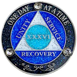 AA 36 Year Recovery Medallion (Years 1-50) - Alcoholics Anonymous Silver Color Plated Metal Coin With Glitter and Crystals