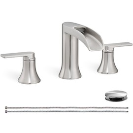 HOIGY Brushed Nickel Bathroom Faucet 3 Hole, 4-8 Inch Waterfall Bathroom Sink Faucet Widespread with Drain & cUPC Supply Hose, 2 Handles for Vanity, Lavatory, Restroom, Brass Material, 10 Mins Install