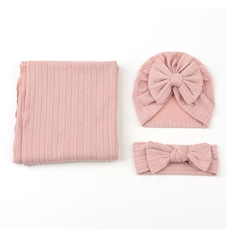 3pcs Receiving Blanket Headband Set Cotton Polyester Wheat Texture Pure