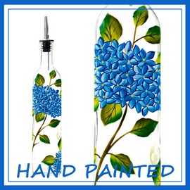 YIYUKODO 17oz Hand Painted Glass Olive Oil Bottle Dispenser - 500ml Green Oil & Vinegar Cruet with Pourers - Olive Oil Carafe Decanter for Kitchen (hydrangea)
