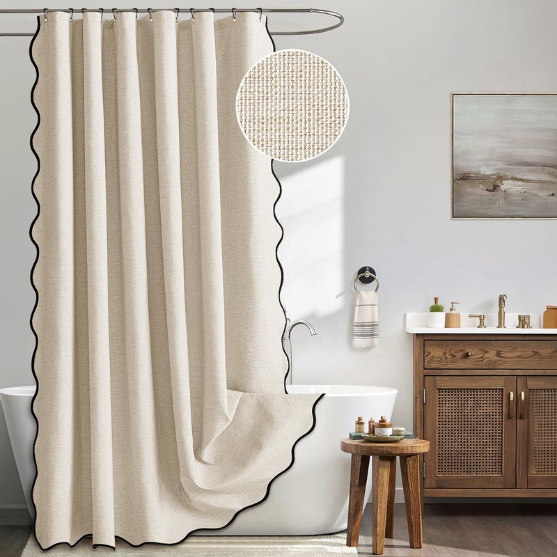 MIULEE 84" Long Scalloped Shower Curtain Linen Textured with 12